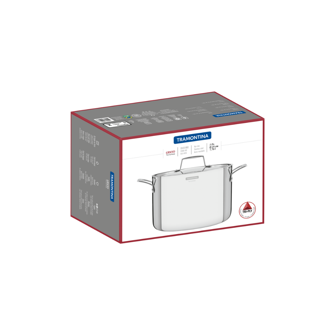 Olla Alta Tramontina Grano de acero inoxidable cuerpo triple con tapa y asas 24 cm 7,7 L