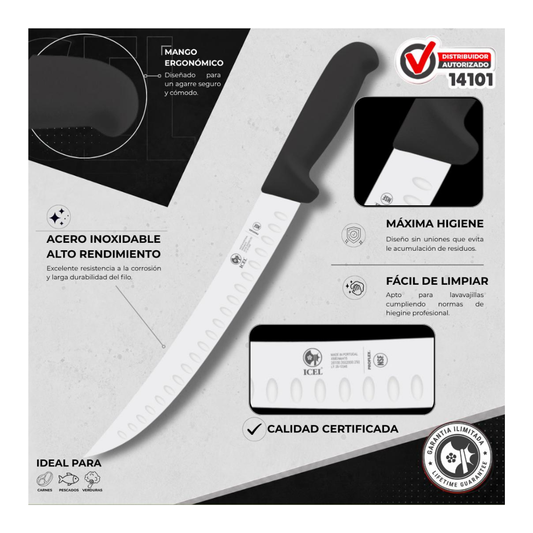 Cuchillo Bistecero Troquelado 10” Curvo Mango Negro