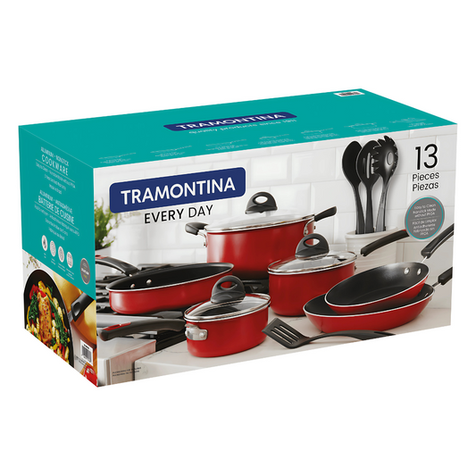 Batería de Cocina Tramontina Everyday en Aluminio con Revestimiento Interno con Antiadherente Starflon Max y Externo Siliconado Rojo 13 Piezas