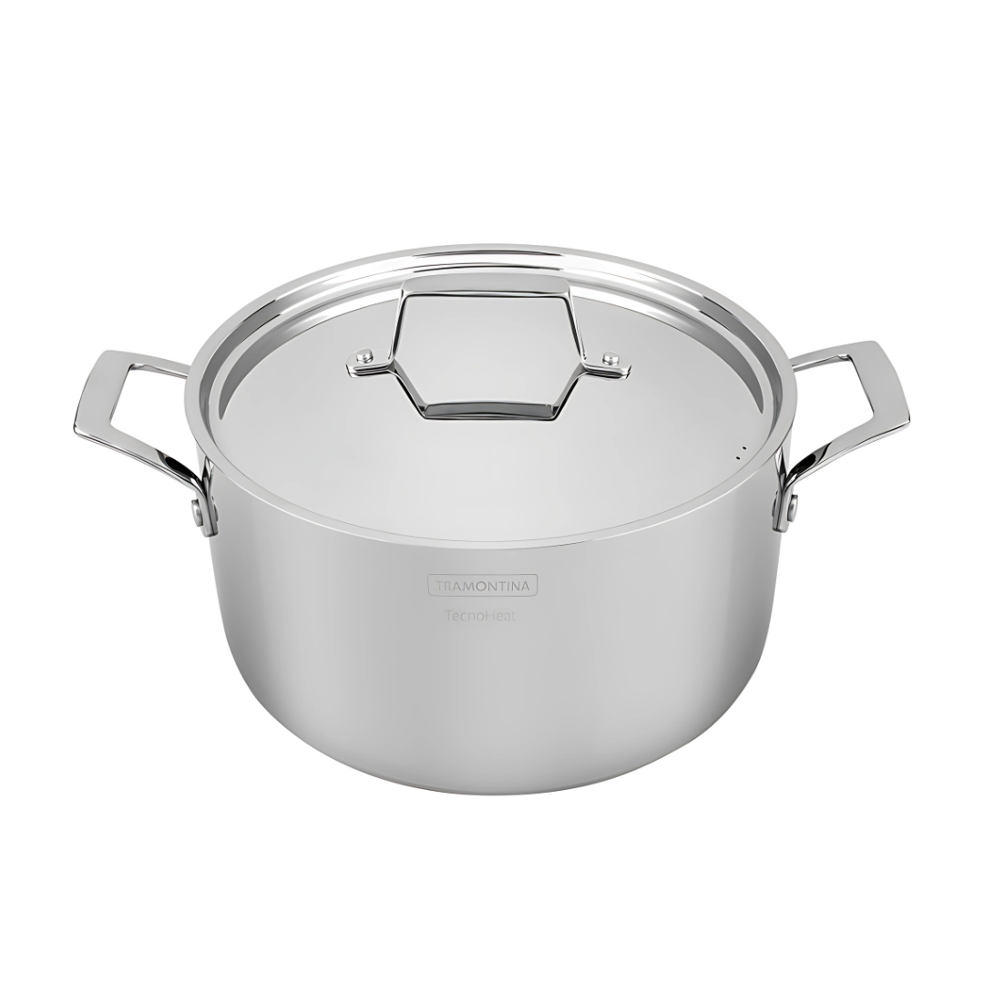 Olla Alta Tramontina Grano de acero inoxidable cuerpo triple con tapa y asas 24 cm 7,7 L