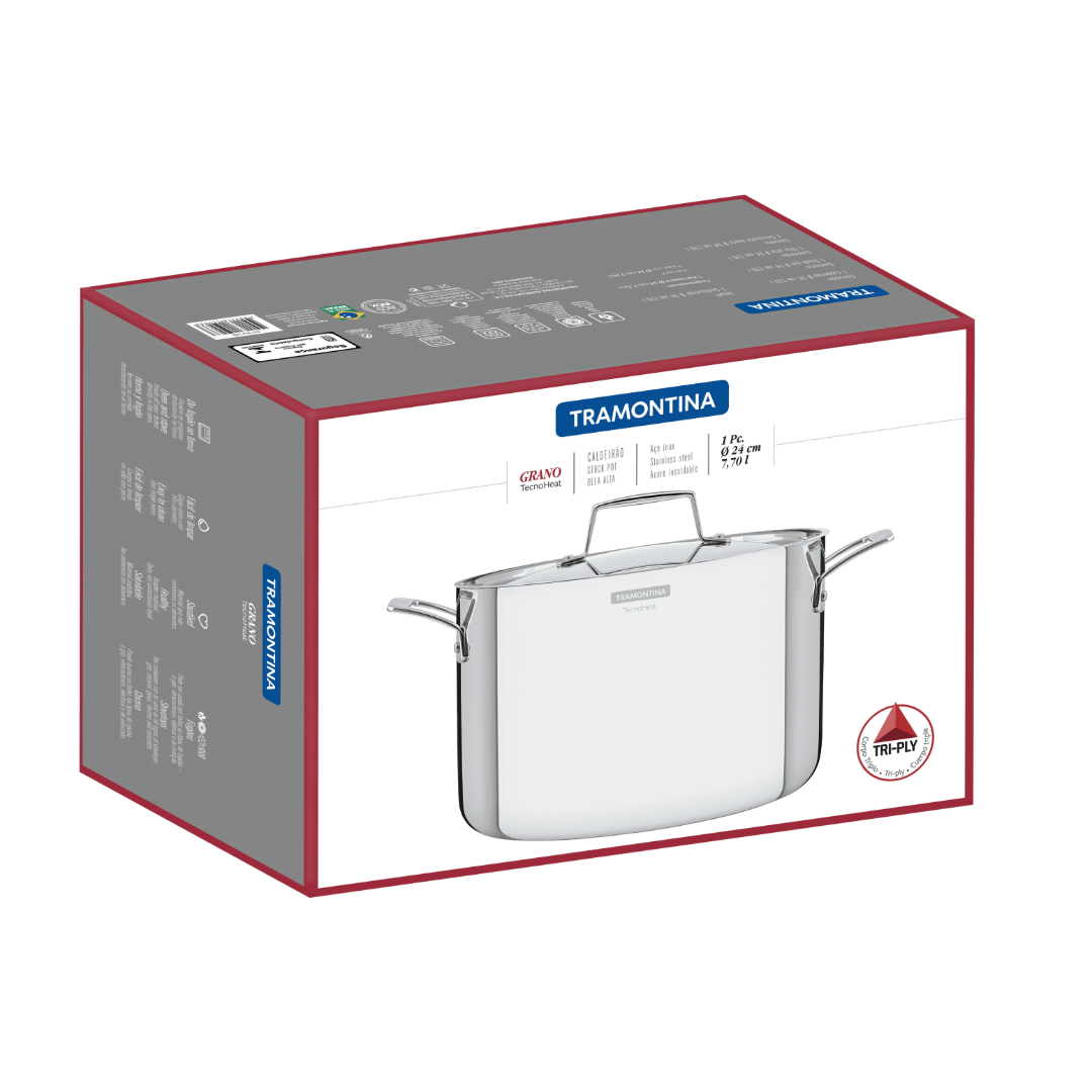 Olla Alta Tramontina Grano de acero inoxidable cuerpo triple con tapa y asas 24 cm 7,7 L