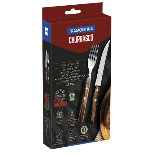 Juego de cubiertos para asado Tramontina de acero inoxidable con mango castaño Polywood, 12 piezas
