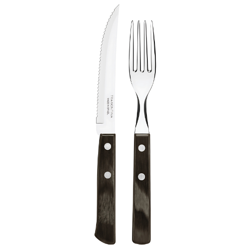 Juego de cubiertos para asado Tramontina de acero inoxidable con mango castaño Polywood, 12 piezas